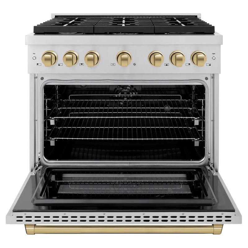 ZLINE Autograph Edition 36-Inch 5.2 cu. ft. Paramount Dual Fuel Range with 6 Burner Gas Cooktop and Electric Convection Oven in Stainless Steel with Champagne Bronze Accents (SDRZ-36-CB)