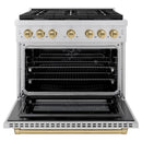 ZLINE 5-Piece Appliance Package - 36-Inch Paramount Dual Fuel Range, Wall Mount Range Hood, 36-Inch French Door Refrigerator, Dishwasher, and 30-Inch Microwave Drawer in Stainless Steel with Champagne Bronze Accents
