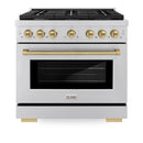 ZLINE 4-Piece Appliance Package - 36-Inch Paramount Autograph Dual Fuel Range, Wall Mount Range Hood, 36-Inch French Door Refrigerator, Dishwasher, in Stainless Steel with Champagne Bronze Accents