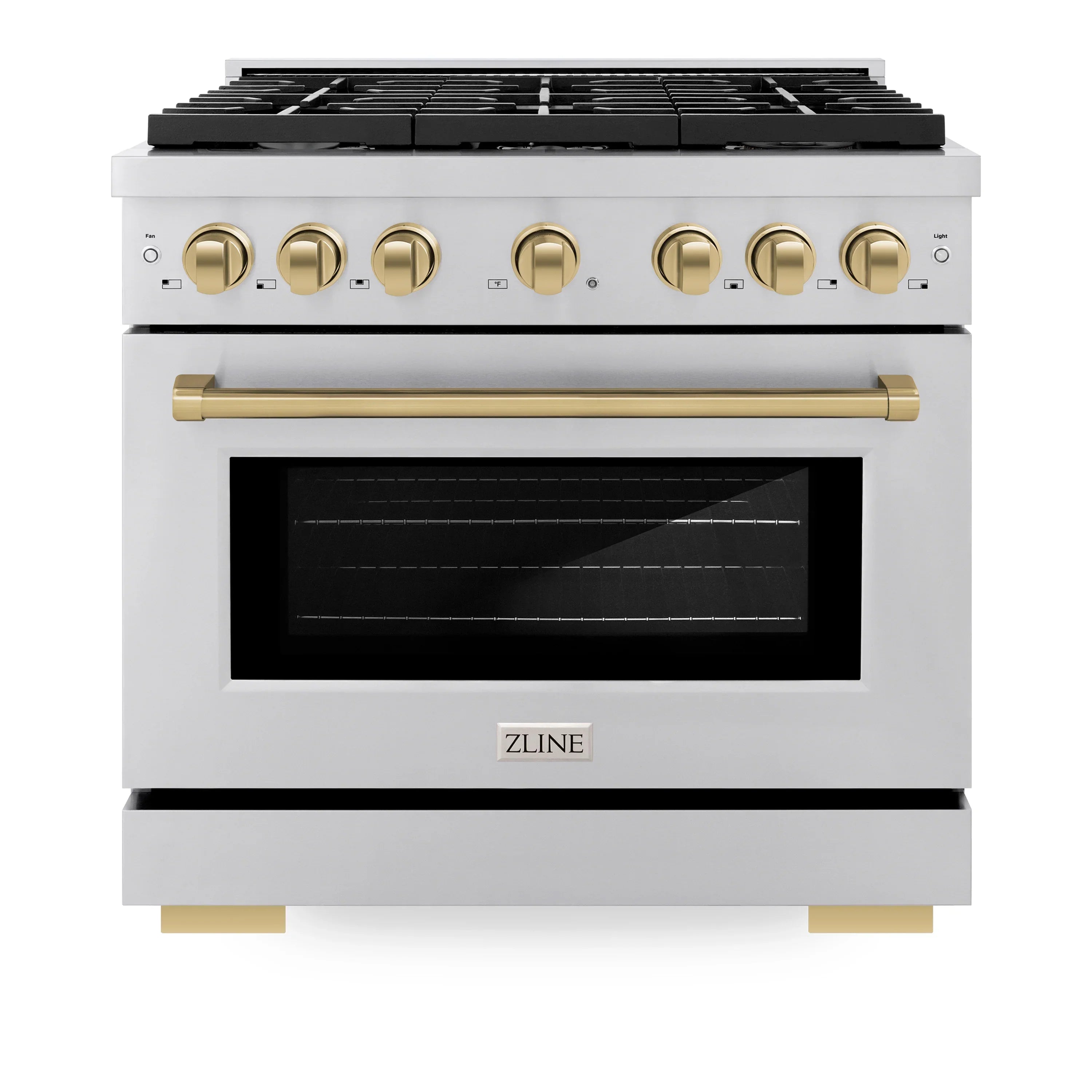 Stainless dual fuel range with black grates and oven window plus champagne bronze controls