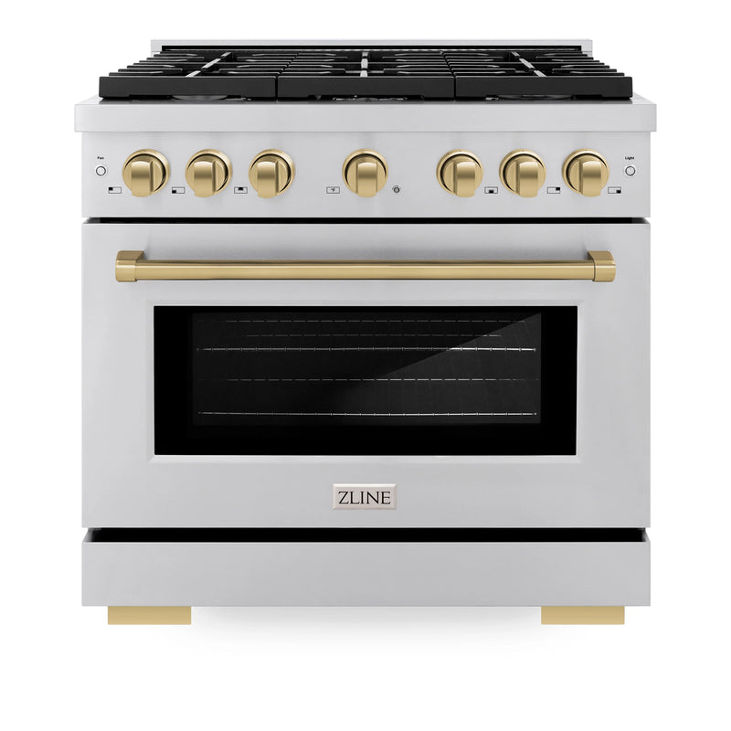 ZLINE Autograph Edition 36-Inch 5.2 cu. ft. Paramount Dual Fuel Range with 6 Burner Gas Cooktop and Electric Convection Oven in Stainless Steel with Champagne Bronze Accents (SDRZ-36-CB)