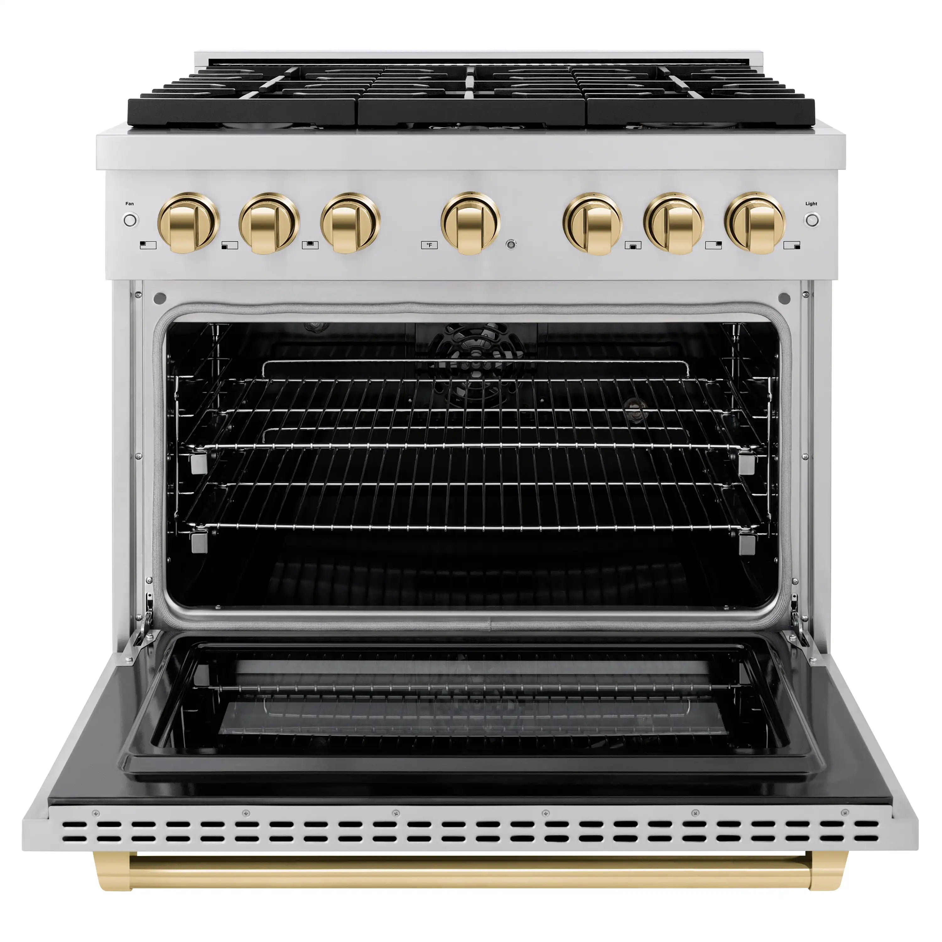 Stainless steel dual fuel range with open oven door and visible oven racks