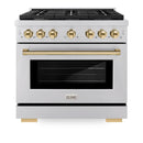 ZLINE 4-Piece Appliance Package - 36-Inch Paramount Autograph Dual Fuel Range, Wall Mount Range Hood, 36-Inch French Door Refrigerator with Water Dispenser, Dishwasher, in Stainless Steel with Gold Accents