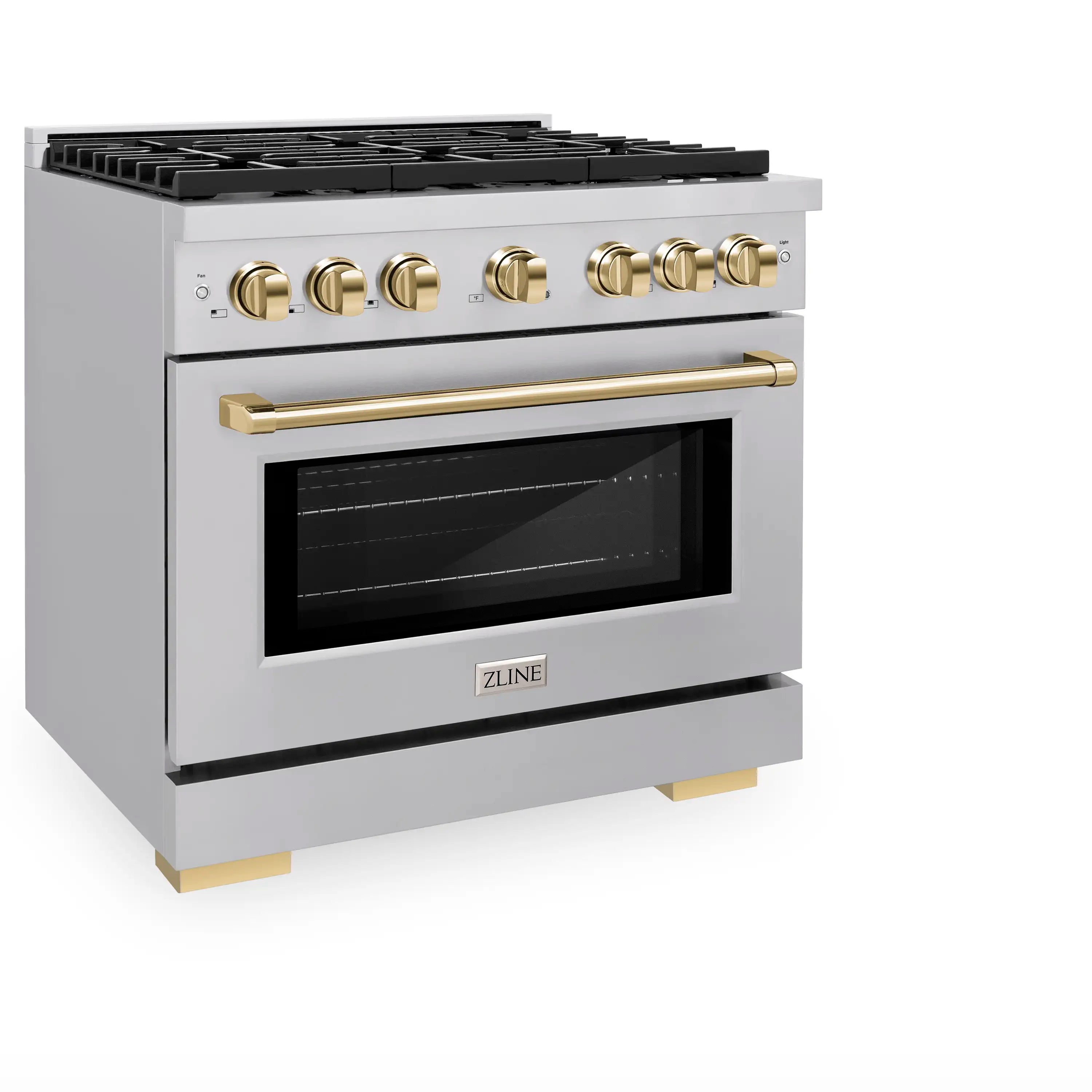 Stainless steel dual fuel range with 6-burner cooktop, gold handle, and oven door