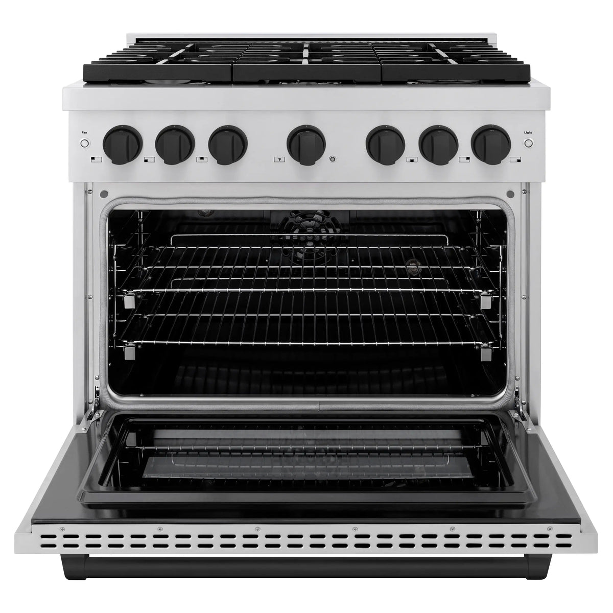 Stainless dual-fuel range with open electric convection oven and black racks