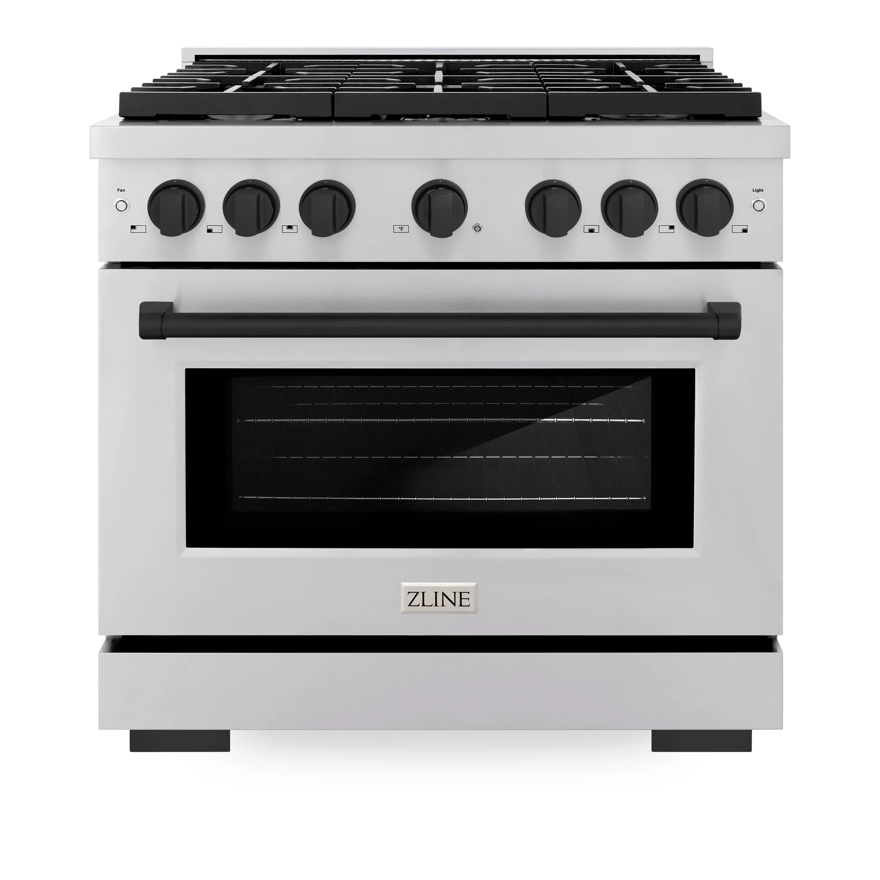 Stainless steel dual-fuel range with black oven window and control knobs.