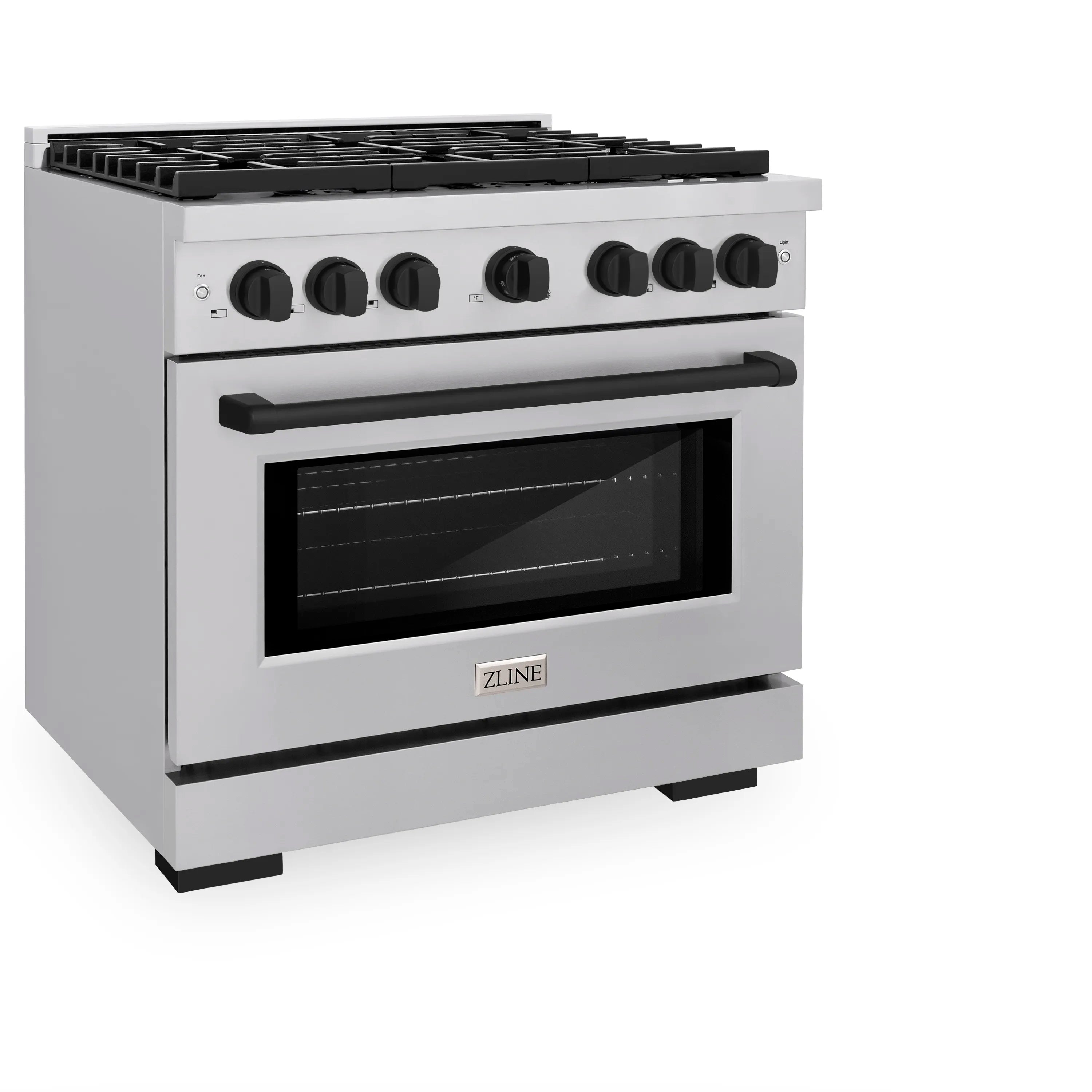 Stainless dual-fuel range with six gas burners, black knobs, and oven door window