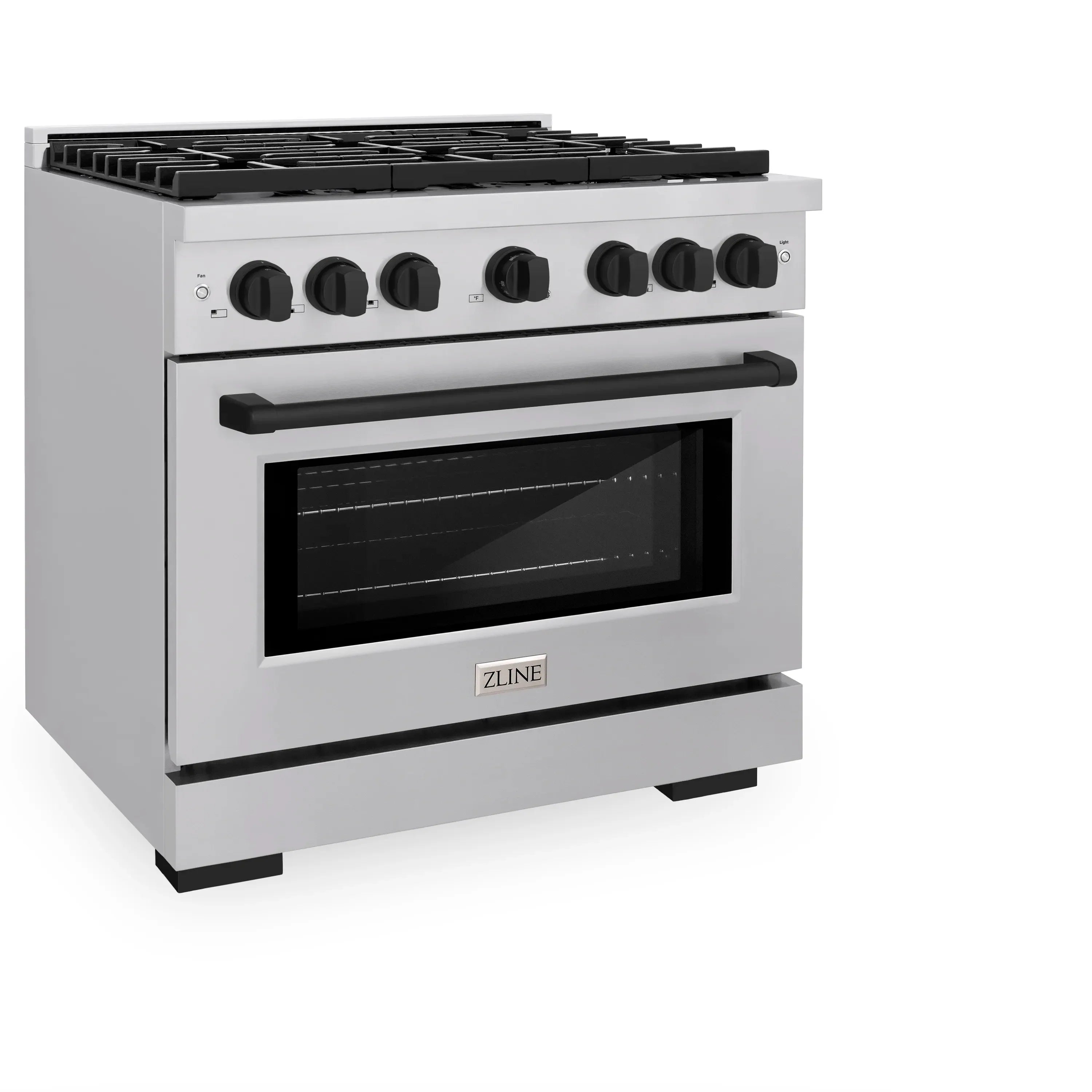 Stainless steel dual fuel range with black grates, oven window, and control knobs