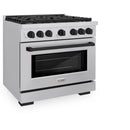 ZLINE 5-Piece Appliance Package - 36-Inch Paramount Dual Fuel Range, Wall Mount Range Hood, 36-Inch French Door Refrigerator, Dishwasher, and 30-Inch Microwave Drawer in Stainless Steel with Matte Black Accents