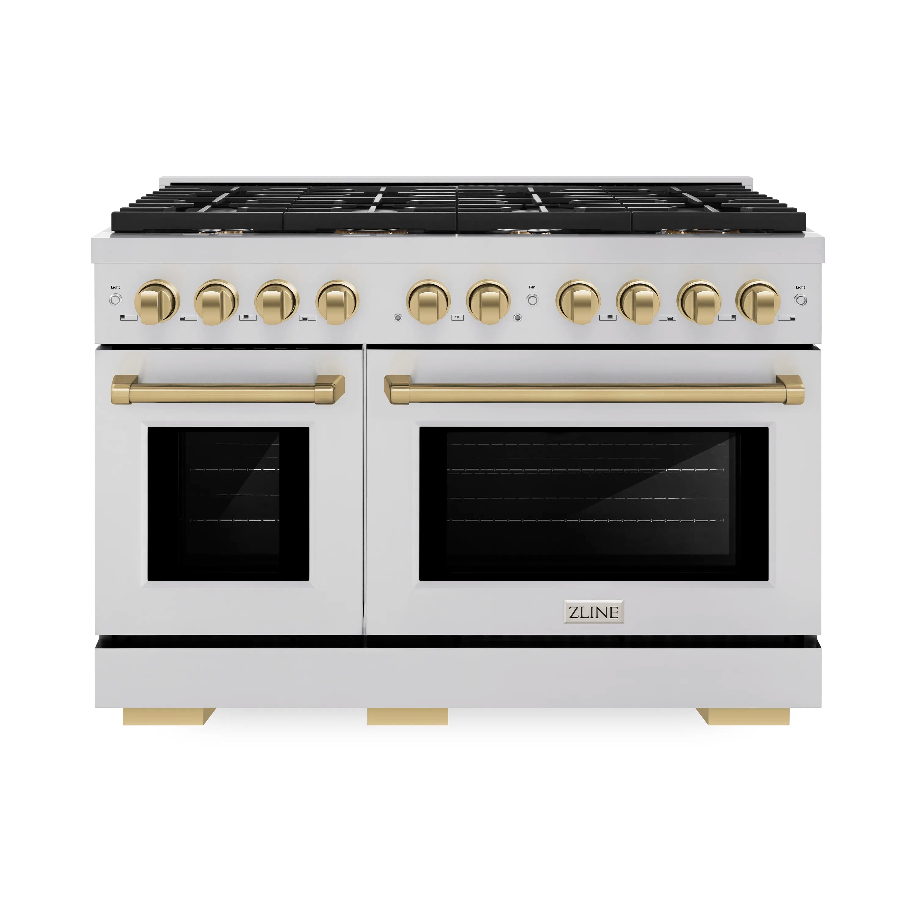 Stainless steel gas range front with two oven doors, bronze knobs, and black control panel