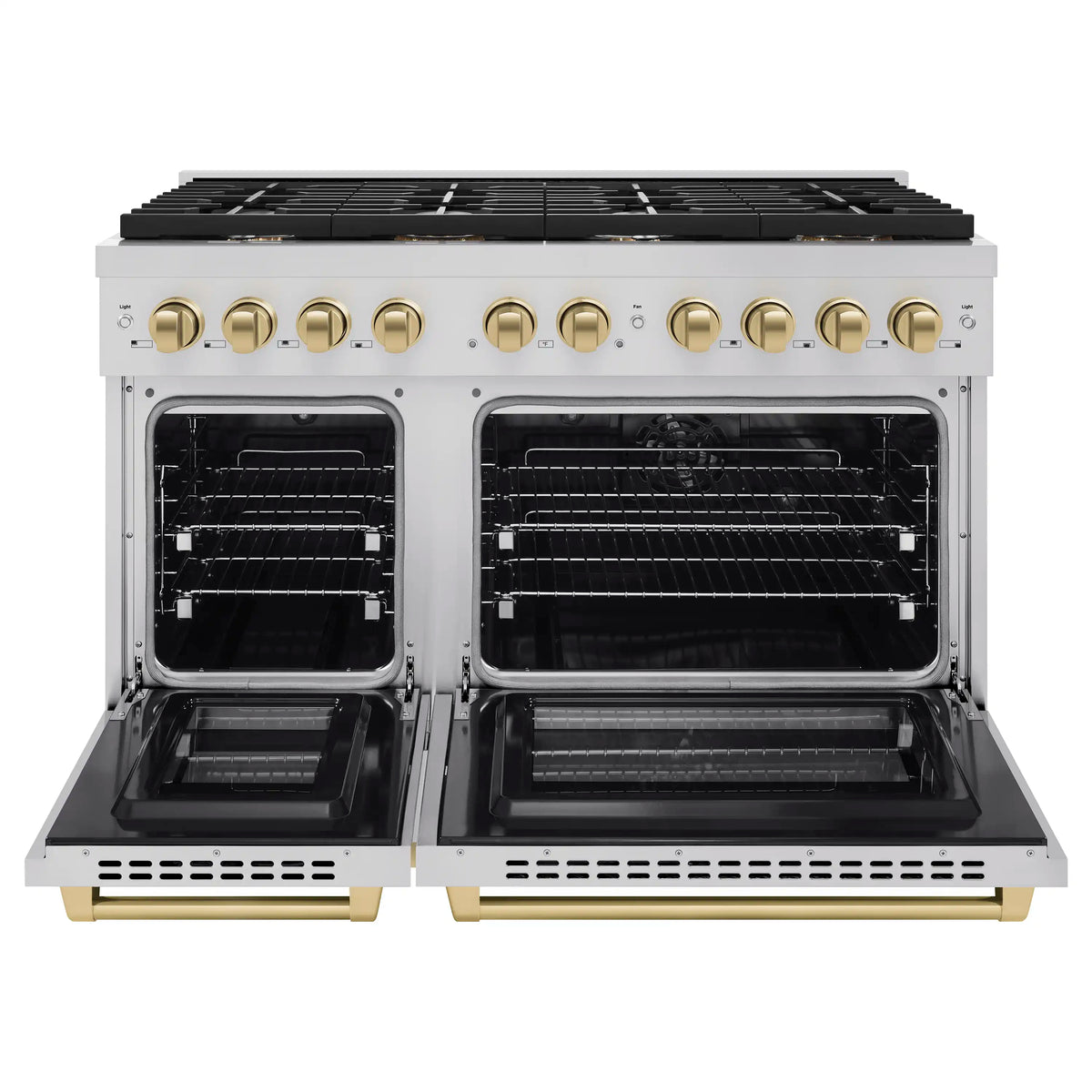 Dual oven range with both oven doors open, stainless finish, and bronze accents at base