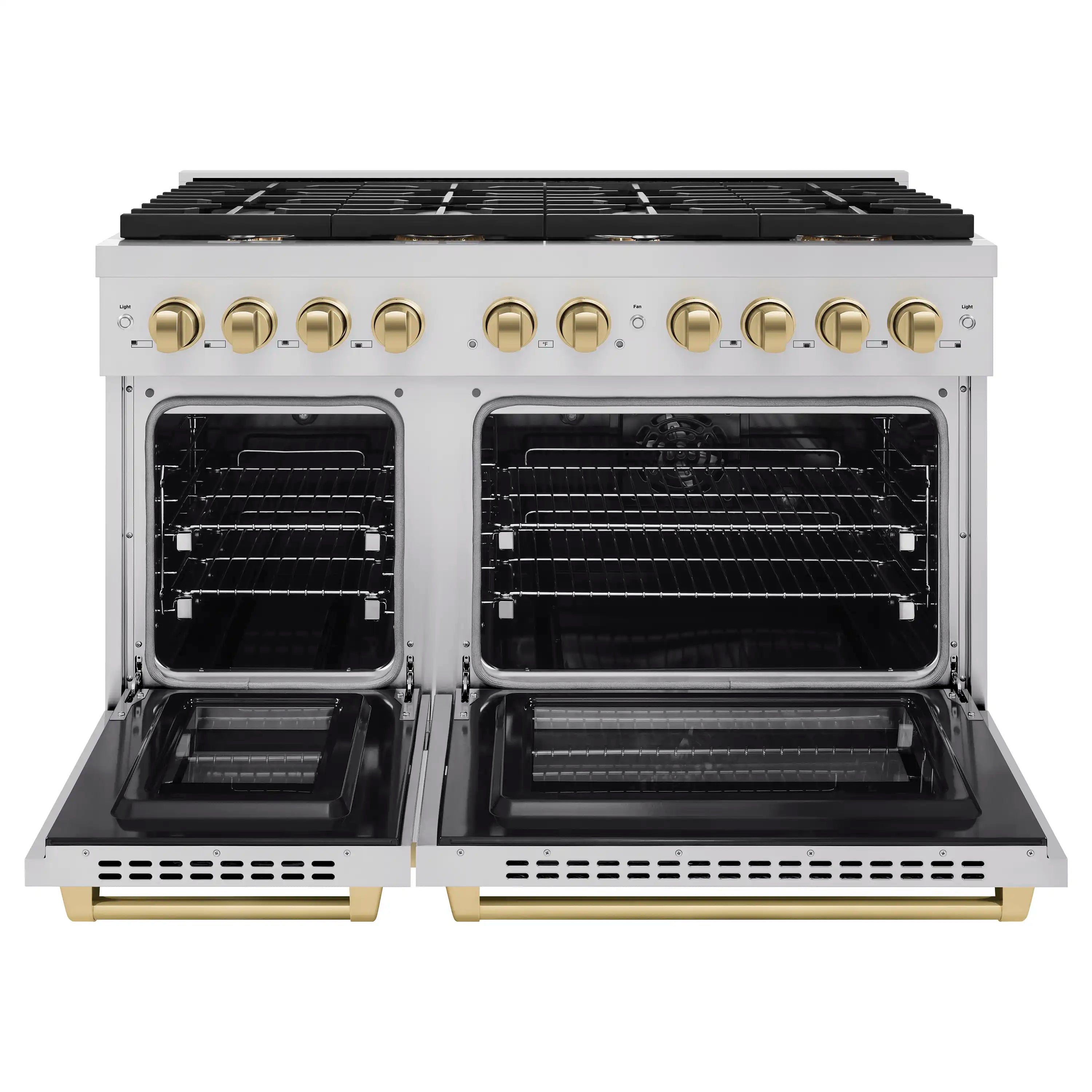 Open dual-fuel range with black grates and two oven doors, champagne bronze accents.