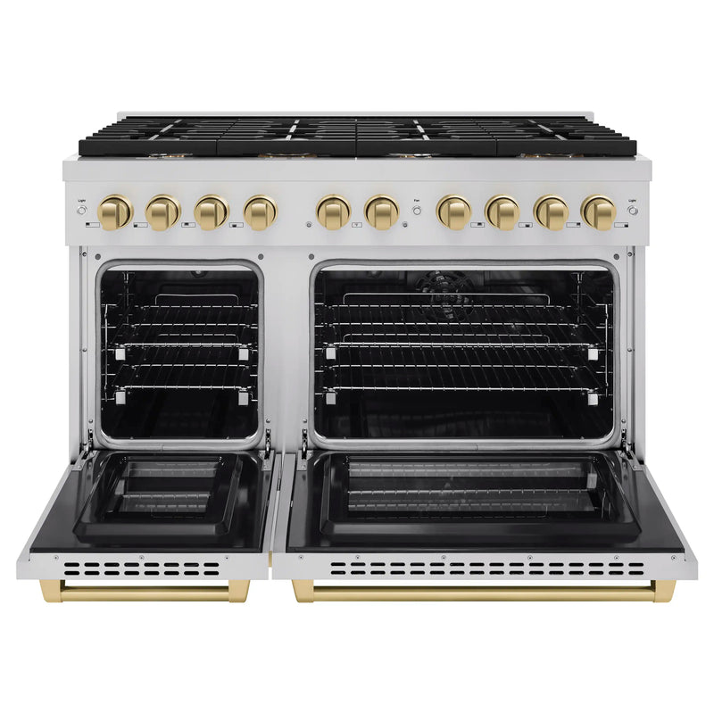 ZLINE Autograph Edition 48-Inch 6.7 cu. ft. Paramount Double Oven Dual Fuel Range with 8 Burner Gas Cooktop in Stainless Steel and Champagne Bronze Accents (SDRZ-48-CB)