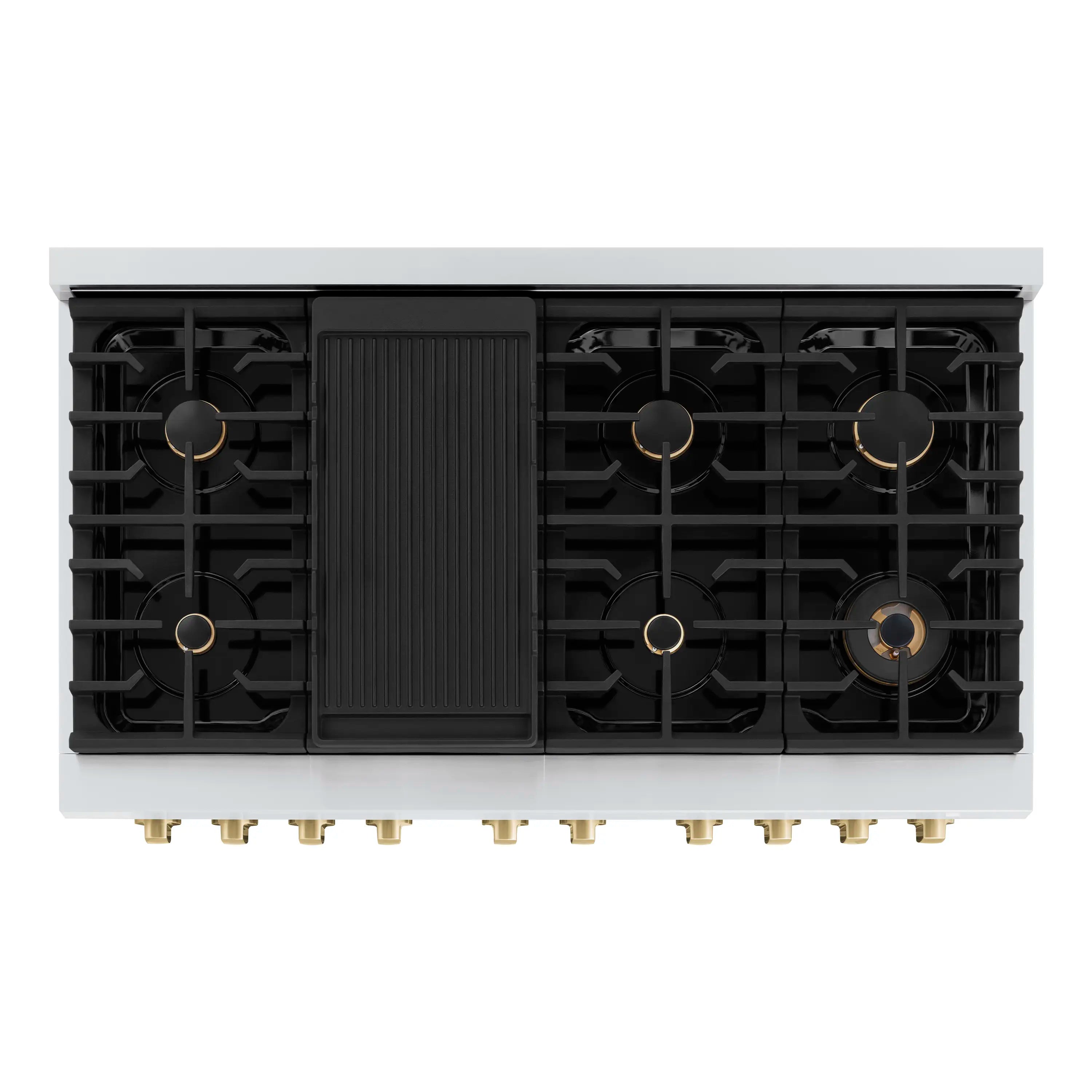 Gas cooktop with black burner grates, control panel, and champagne bronze accents