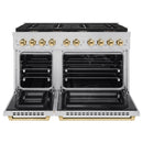 ZLINE 5-Piece Appliance Package - 48-Inch Paramount Dual Fuel Range, Wall Mount Range Hood, 36-Inch French Door Refrigerator, Dishwasher, and 30-Inch Microwave Drawer in Stainless Steel with Gold Accents