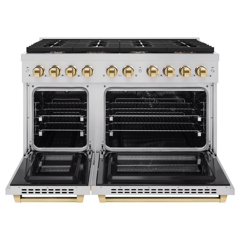 ZLINE Autograph Edition 48-Inch 6.7 cu. ft. Paramount Double Oven Dual Fuel Range with 8 Burner Gas Cooktop in Stainless Steel and Polished Gold Accents (SDRZ-48-G)