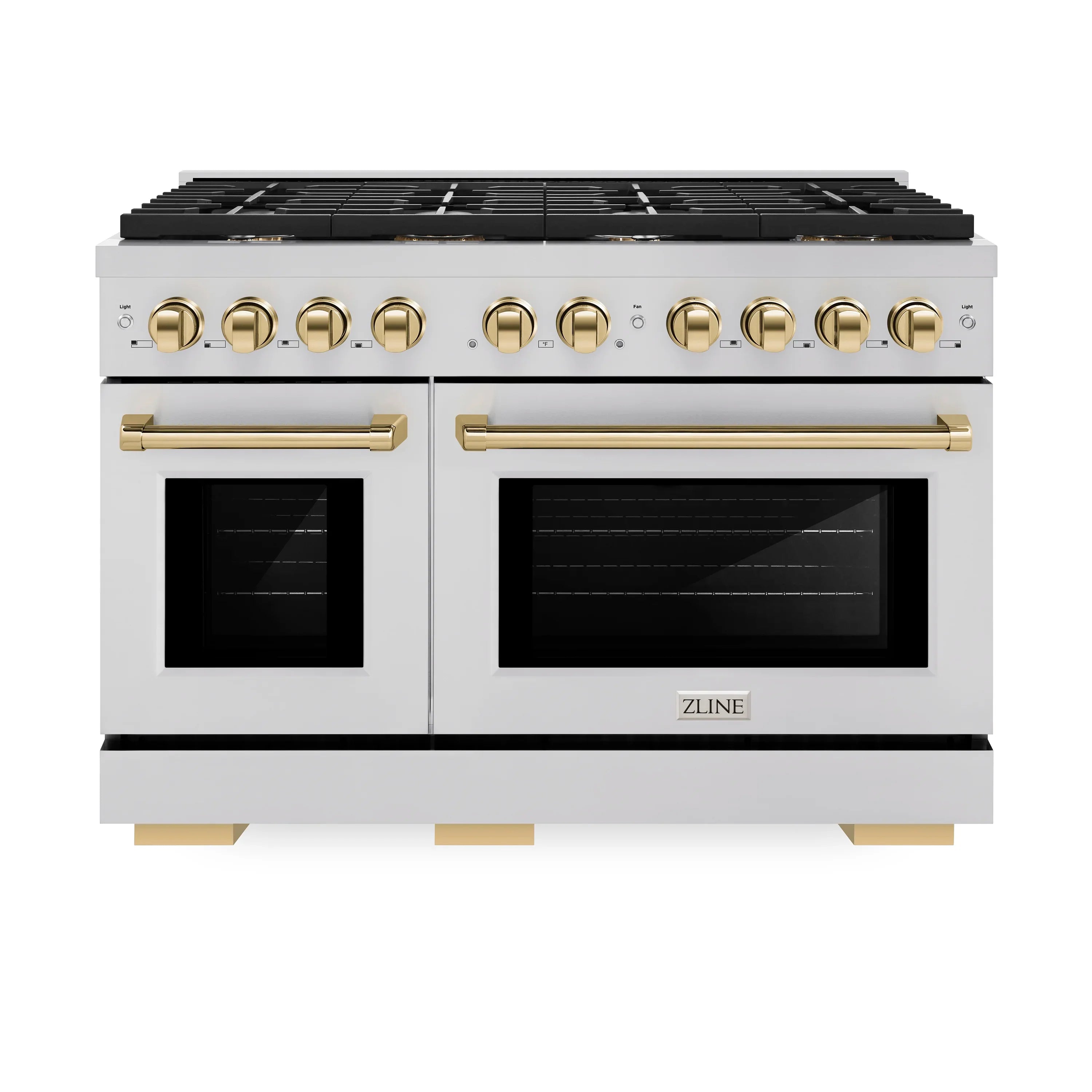 Stainless dual fuel range with gold knobs, black griddle, and double oven doors