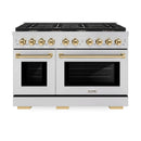 ZLINE 5-Piece Appliance Package - 48-Inch Paramount Dual Fuel Range, Wall Mount Range Hood, 36-Inch French Door Refrigerator, Dishwasher, and 30-Inch Microwave Drawer in Stainless Steel with Gold Accents