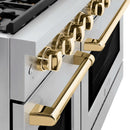 ZLINE 5-Piece Appliance Package - 48-Inch Paramount Dual Fuel Range, Wall Mount Range Hood, 36-Inch French Door Refrigerator with Water Dispenser, Dishwasher, and 30-Inch Microwave Drawer in Stainless Steel with Gold Accents