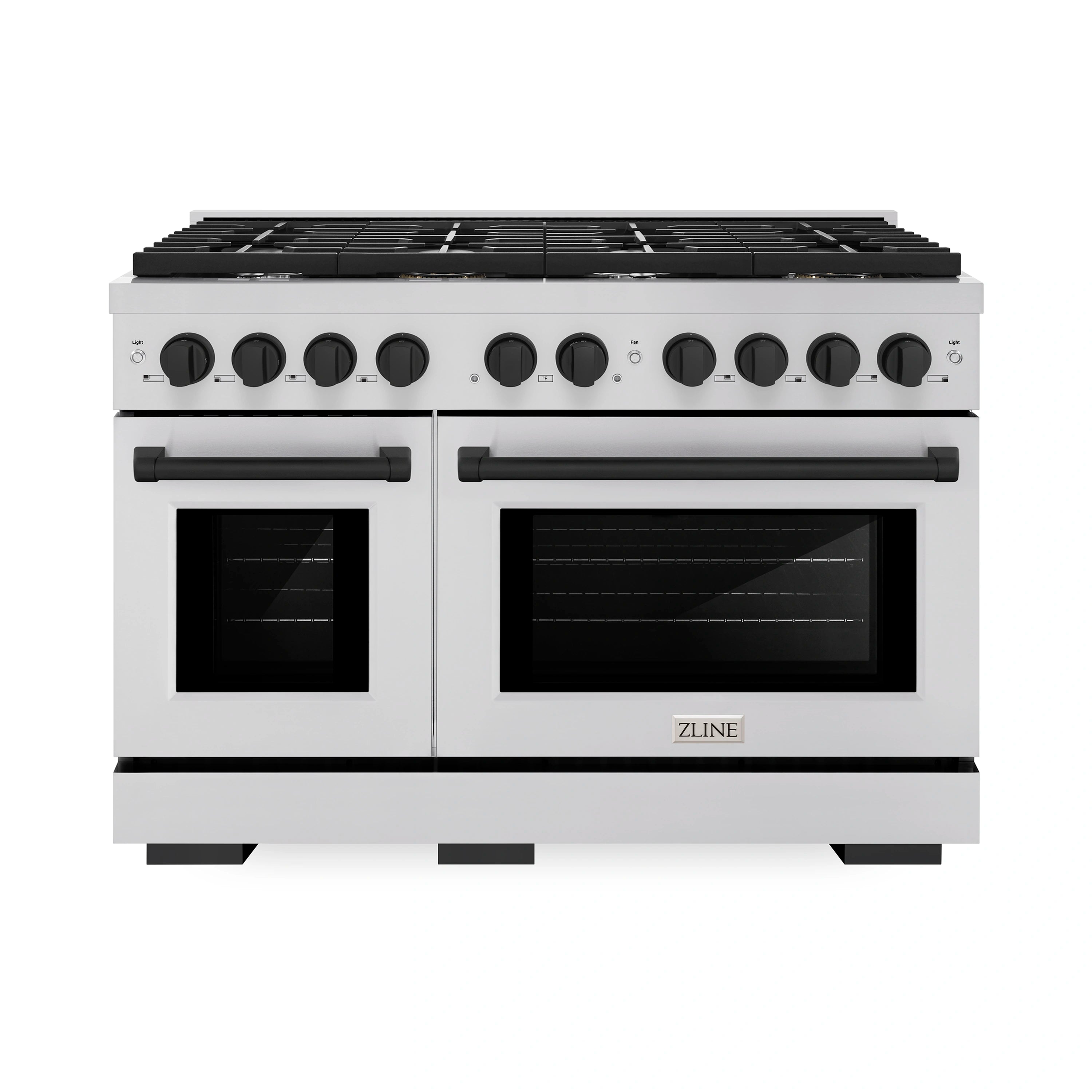 Light gray dual-fuel range with black cooktop grates and two oven doors