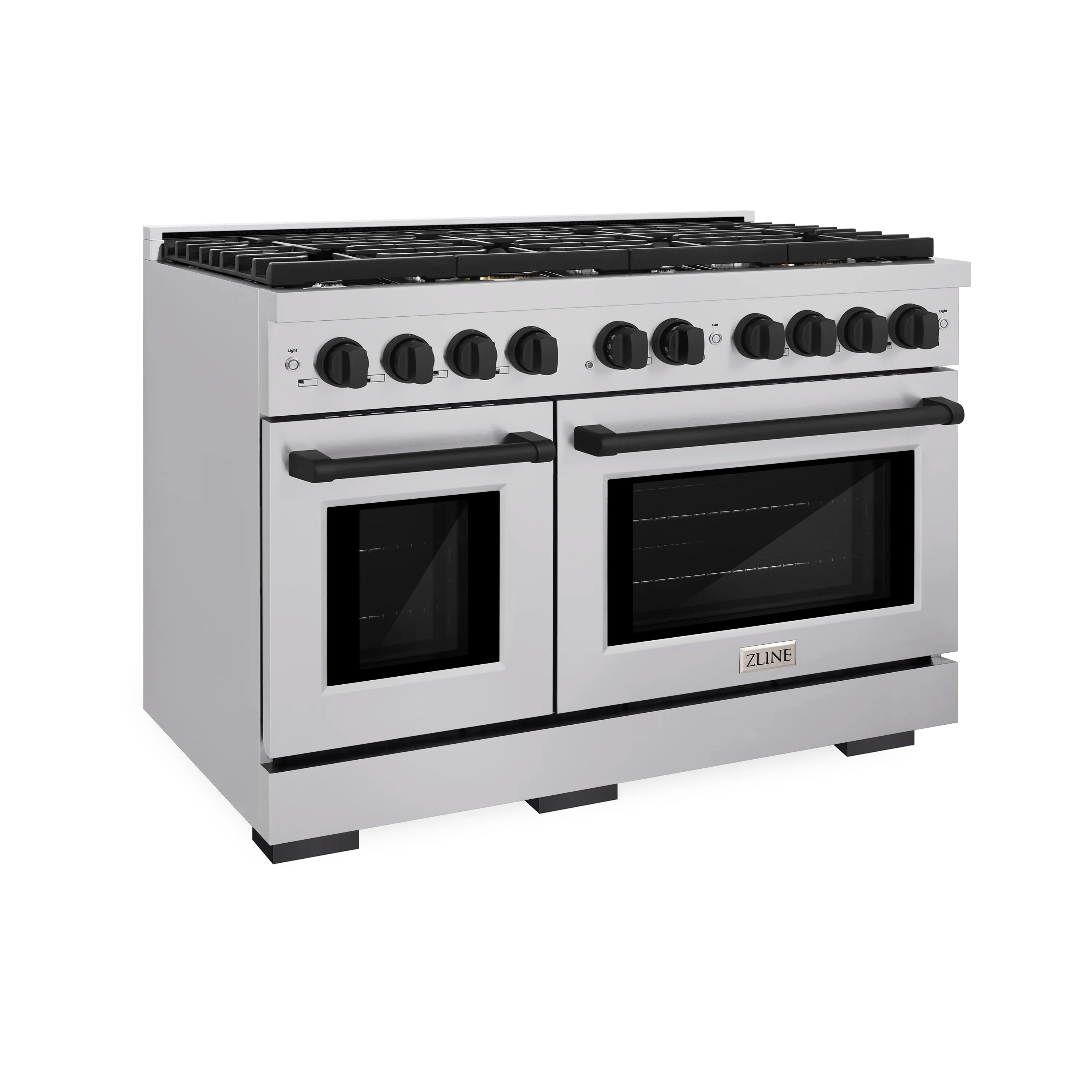 Dual-fuel range with two oven doors, black cooktop grates, and row of control knobs
