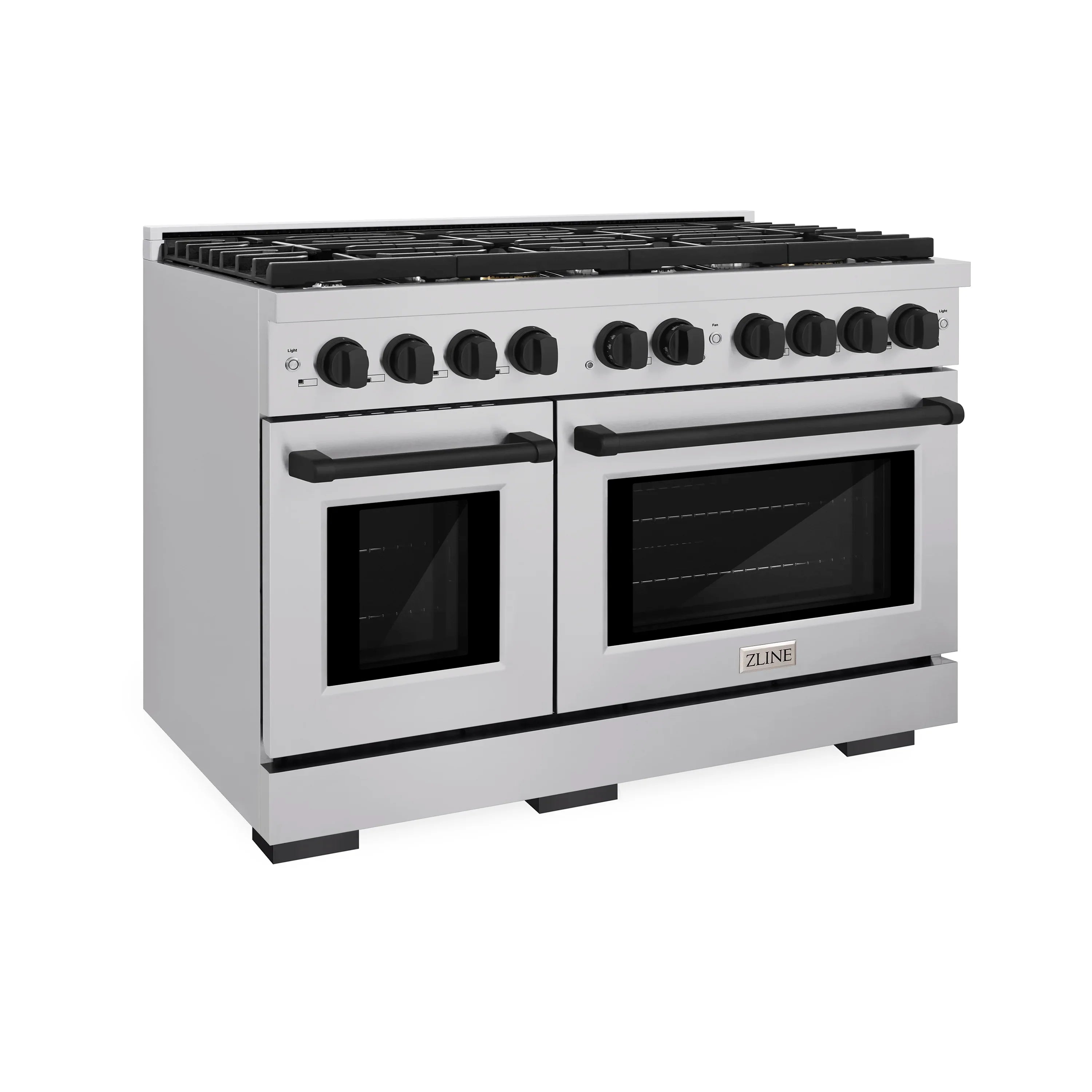 Stainless dual fuel range with black grates, back controls, and two oven doors