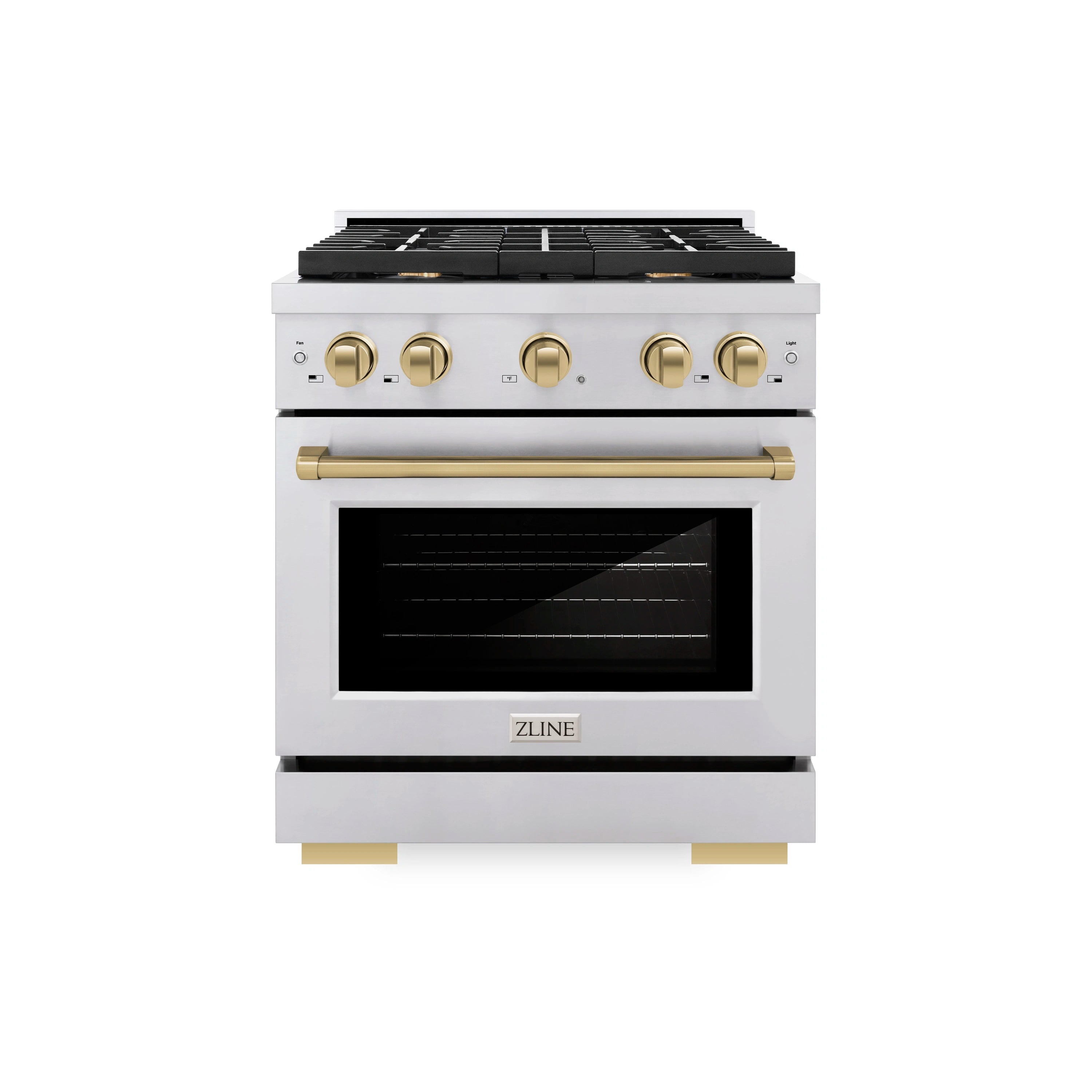 Stainless steel gas range with four burners, convection oven, and champagne bronze trim