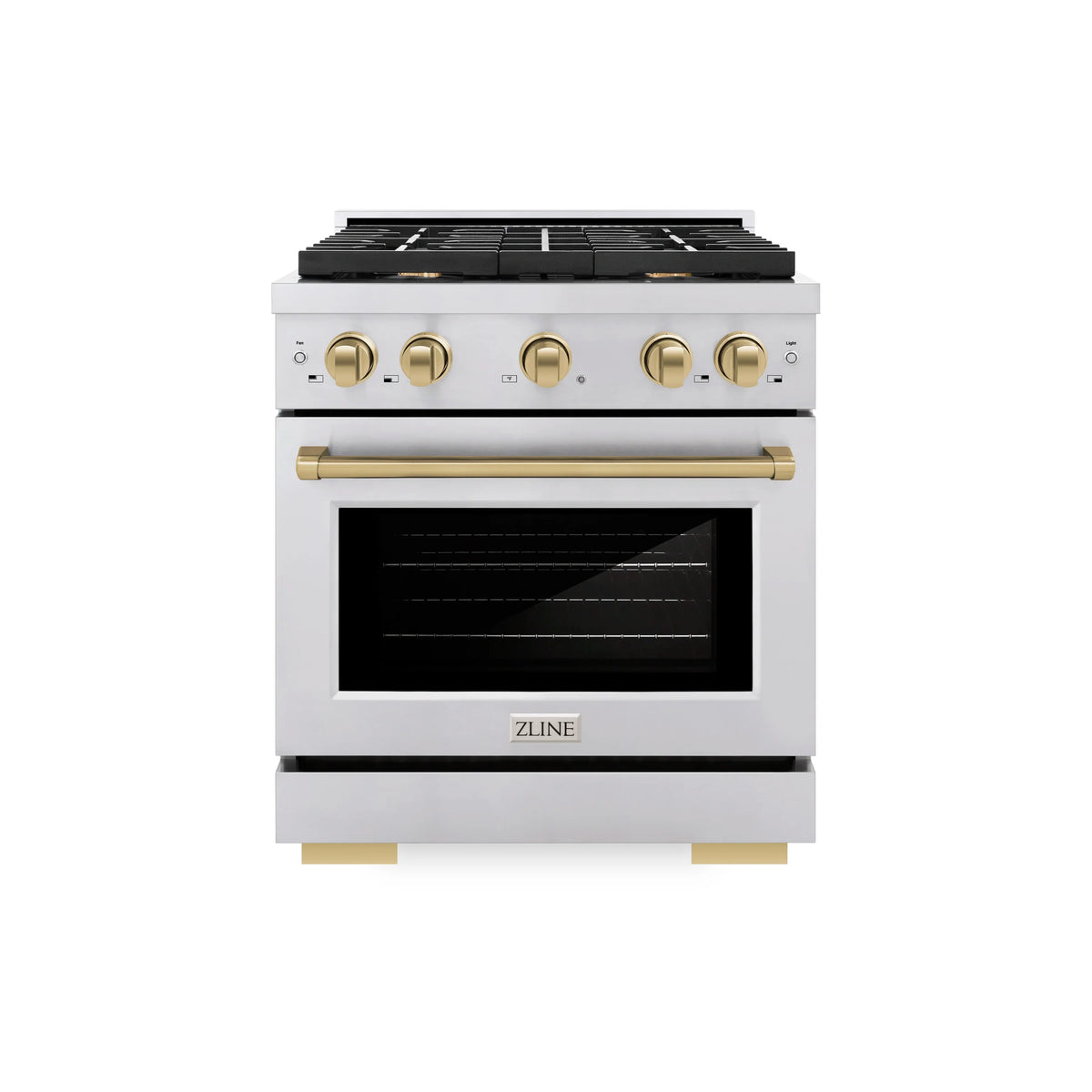 ZLINE 4-Piece Appliance Package - 30-Inch Paramount Gas Range, Refrigerator with Water Dispenser, Dishwasher, and 24-Inch Microwave Drawer in Stainless Steel with Champagne Bronze Accents