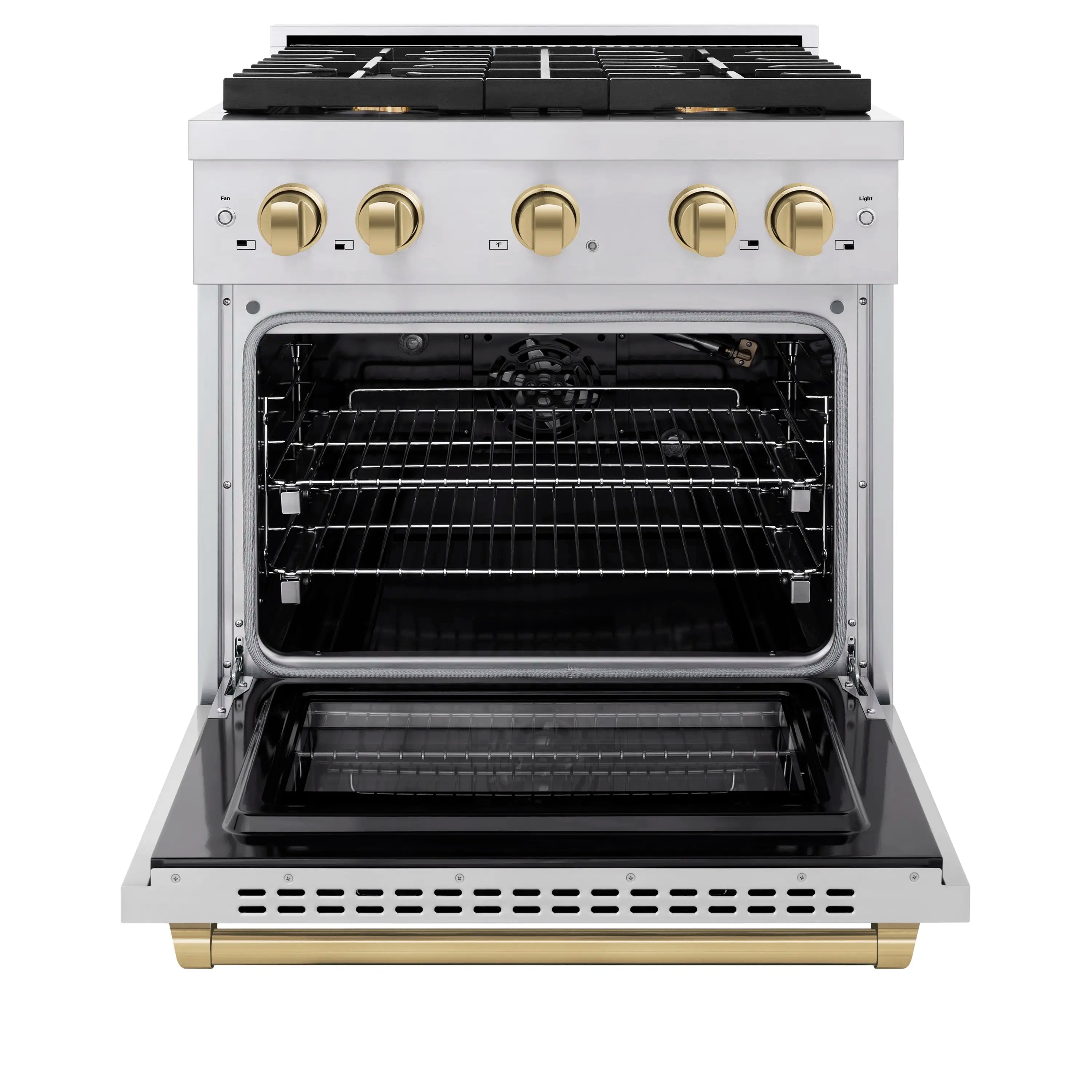 Open stainless convection gas oven with racks and champagne bronze kickplate