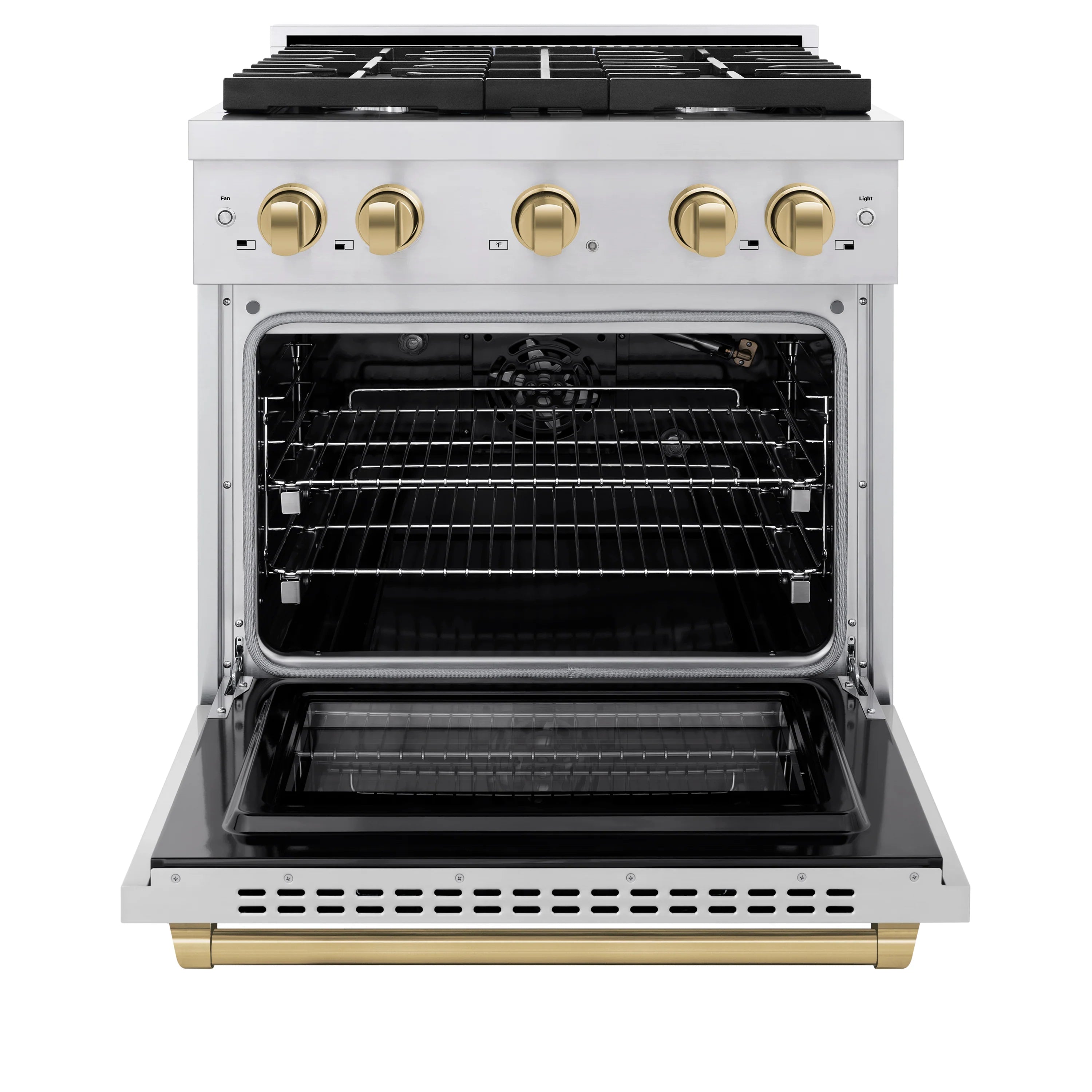 White gas oven with door open, interior racks, and bronze trim at the lower edge