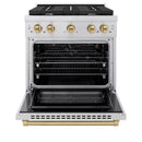 ZLINE Autograph Edition 3-Piece Appliance Package - 30-Inch Gas Range, Wall Mounted Range Hood, & 24-Inch Tall Tub Dishwasher in Stainless Steel with Champagne Bronze Trim (3AKP-SGRRHDWM30-CB)