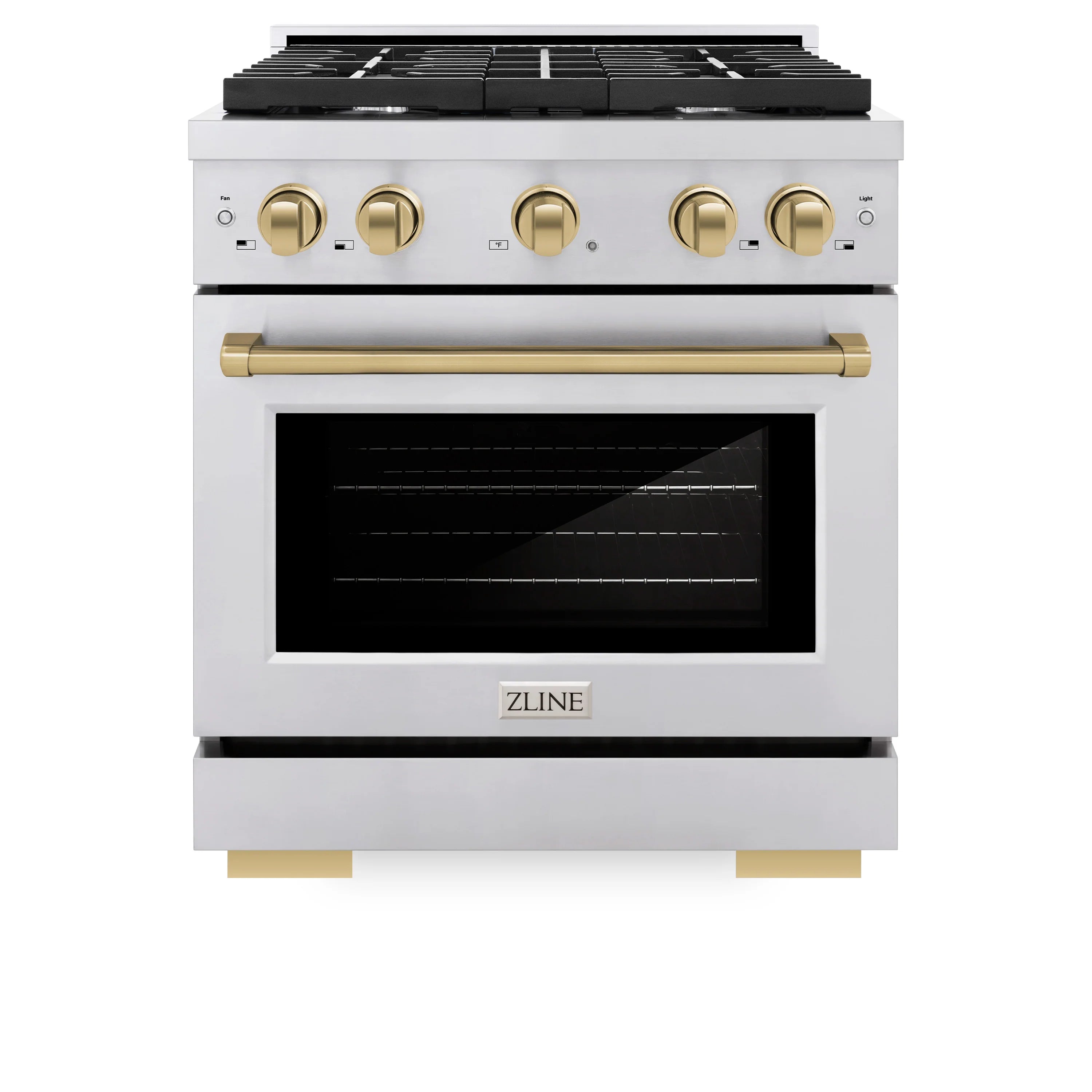 White gas range with open oven door, bronze control knobs, and black cooktop grates