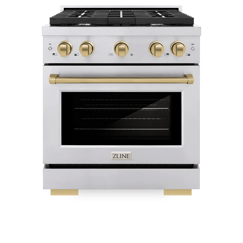 ZLINE Autograph Edition 3-Piece Appliance Package - 30-Inch Gas Range, Wall Mounted Range Hood, & 24-Inch Tall Tub Dishwasher in Stainless Steel with Champagne Bronze Trim (3AKP-RGRHDWM30-CB)