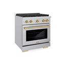 ZLINE Autograph Edition 4-Piece Appliance Package - 30-Inch Gas Range, Refrigerator, Wall Mounted Range Hood, & 24-Inch Tall Tub Dishwasher in Stainless Steel with Champagne Bronze Trim (4KAPR-SGRRHDWM30-CB)
