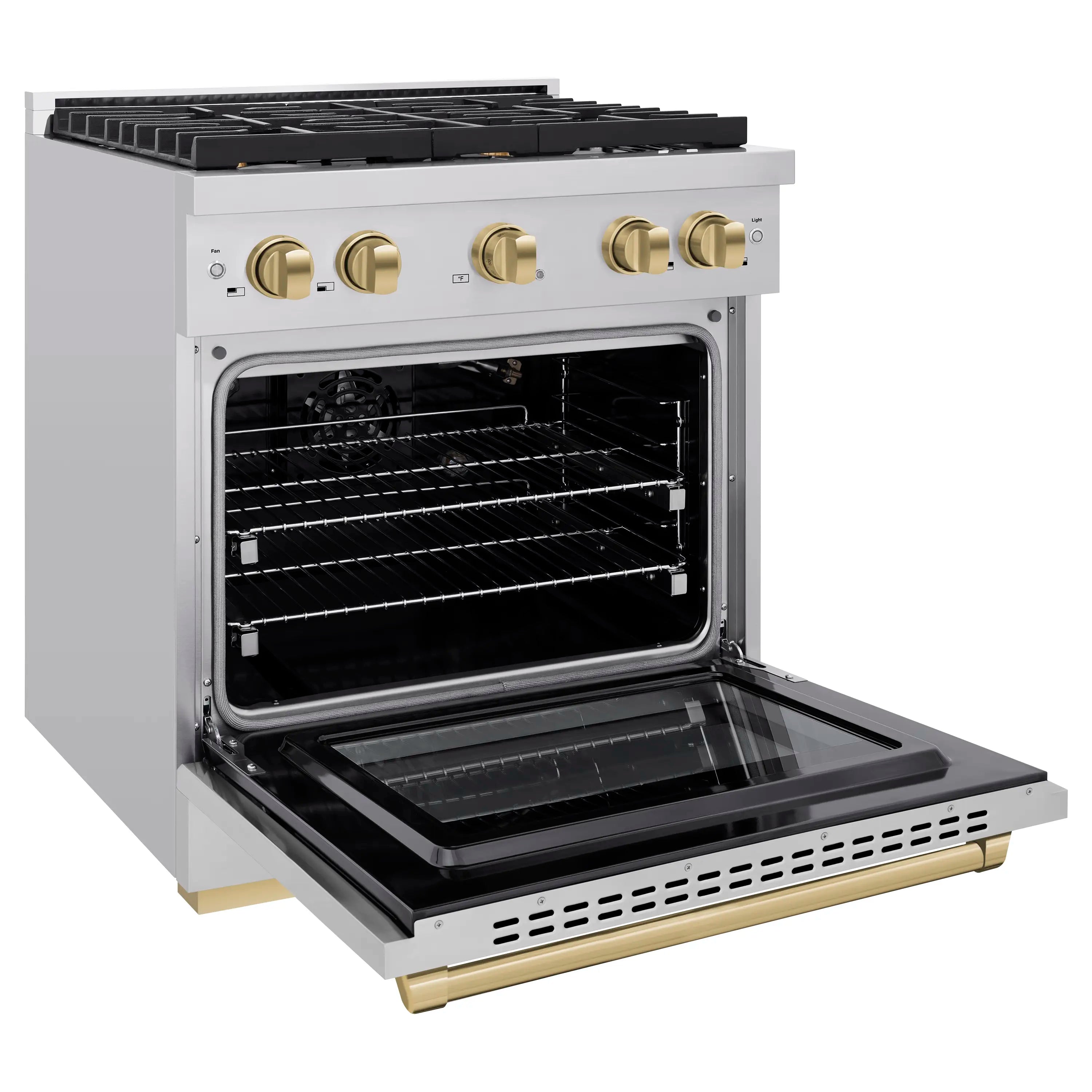 Open convection gas oven with full-width door and stainless racks, champagne bronze trim
