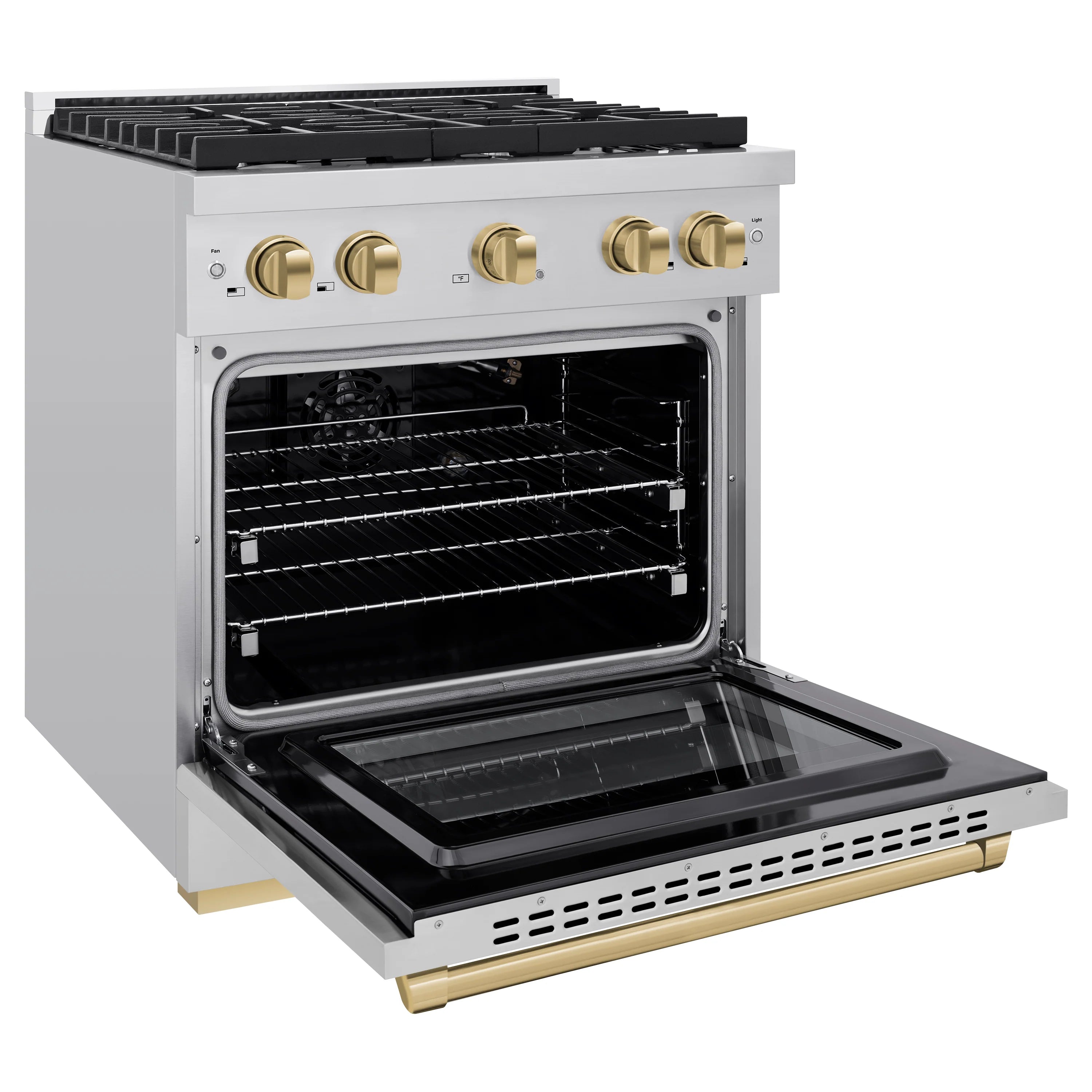 White gas range oven with open door and black wire oven racks