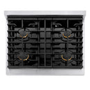 ZLINE 5-Piece Appliance Package - 30-Inch Paramount Autograph Gas Range, Wall Mount Range Hood, 36-Inch French Door Refrigerator, Dishwasher, and 30-Inch Microwave Drawer in Stainless Steel with Champagne Bronze Accents