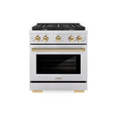 ZLINE 4-Piece Appliance Package - 30-Inch Paramount Autograph Gas Range, Wall Mount Range Hood, 36-Inch French Door Refrigerator with Water Dispenser, Dishwasher, in Stainless Steel with Gold Accents