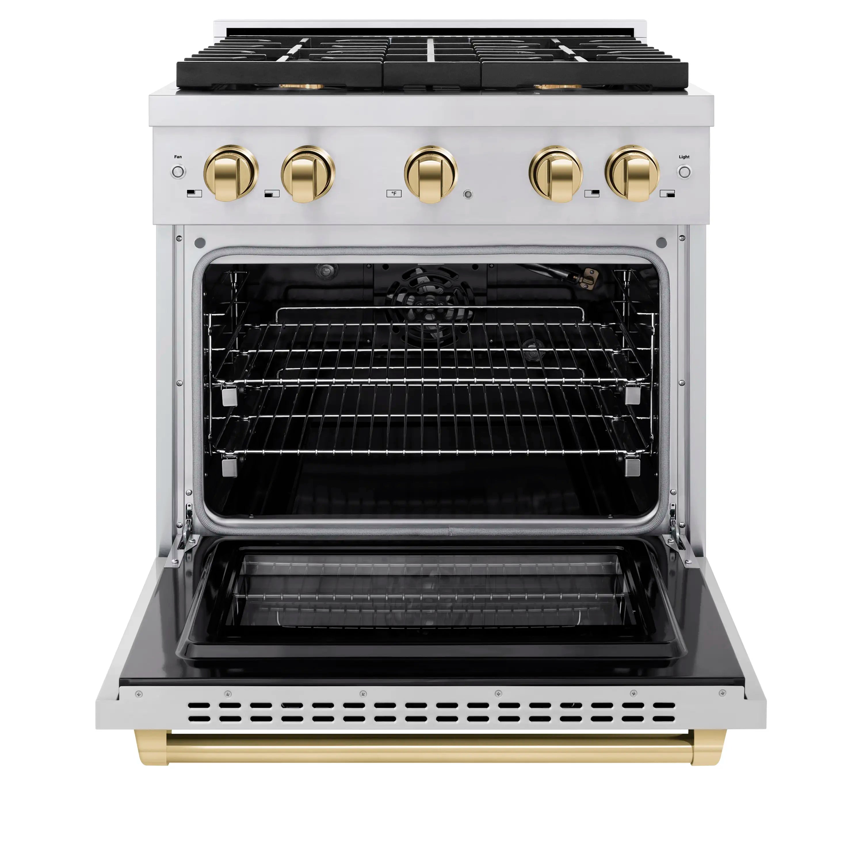 Stainless steel gas range with oven door open, racks inside, and gold control knobs
