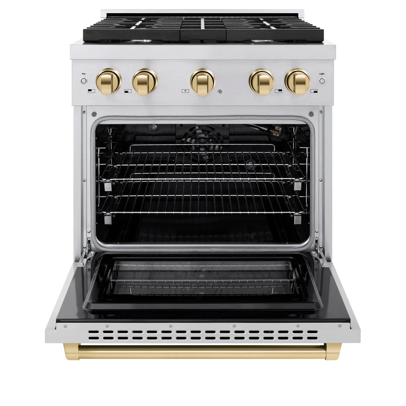 ZLINE Autograph Edition 4-Piece Appliance Package - 30-Inch Gas Range, Refrigerator, Wall Mounted Range Hood, & 24-Inch Tall Tub Dishwasher in Stainless Steel with Gold Trim (4KAPR-RGRHDWM30-G)