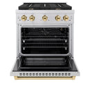 ZLINE 4-Piece Appliance Package - 30-Inch Paramount Autograph Gas Range, Wall Mount Range Hood, 36-Inch French Door Refrigerator, Dishwasher, in Stainless Steel with Gold Accents