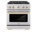 ZLINE Autograph Edition 4-Piece Appliance Package - 30-Inch Gas Range, Refrigerator with Water Dispenser, Wall Mounted Range Hood, & 24-Inch Tall Tub Dishwasher in Stainless Steel with Gold Trim (4AKPR-SGRRHDWM30-G)