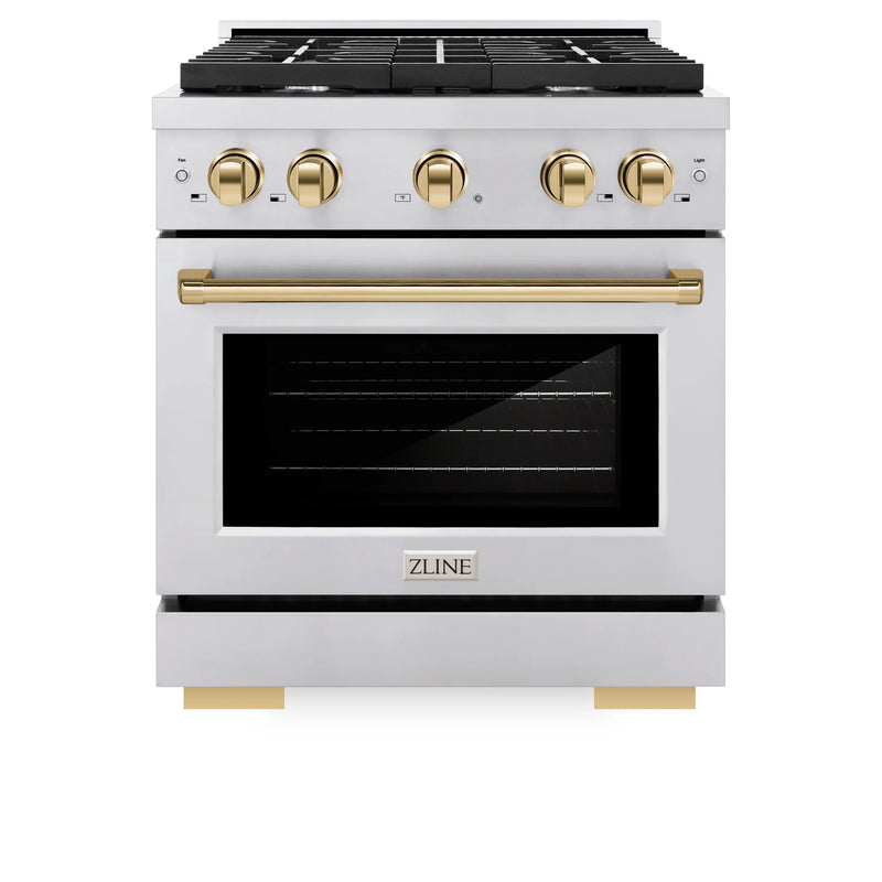 ZLINE Autograph Edition 4-Piece Appliance Package - 30-Inch Gas Range, Refrigerator with Water Dispenser, Wall Mounted Range Hood, & 24-Inch Tall Tub Dishwasher in Stainless Steel with Gold Trim (4AKPR-RGRHDWM30-G)