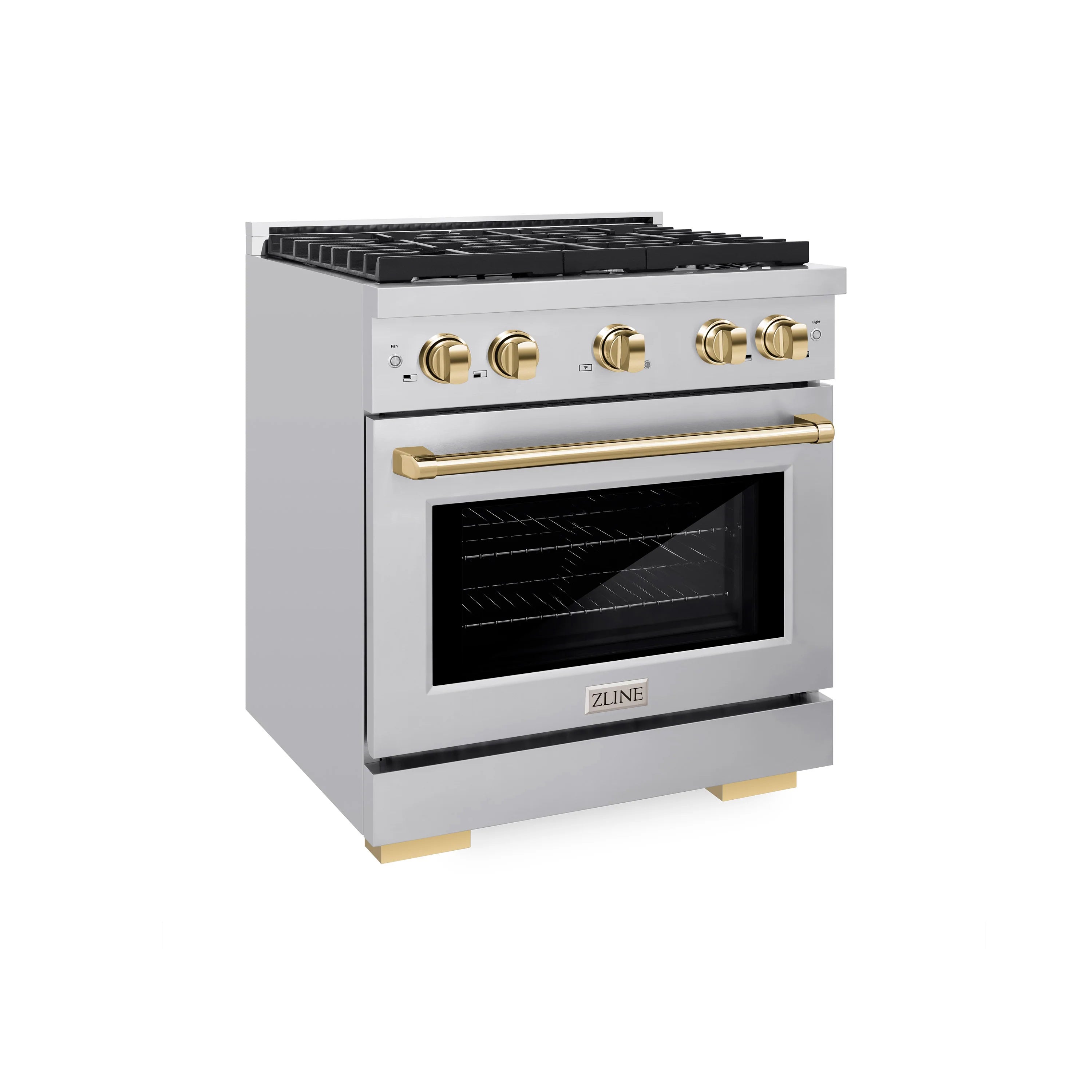 Freestanding gas range with stainless finish, gold handle, and control knobs