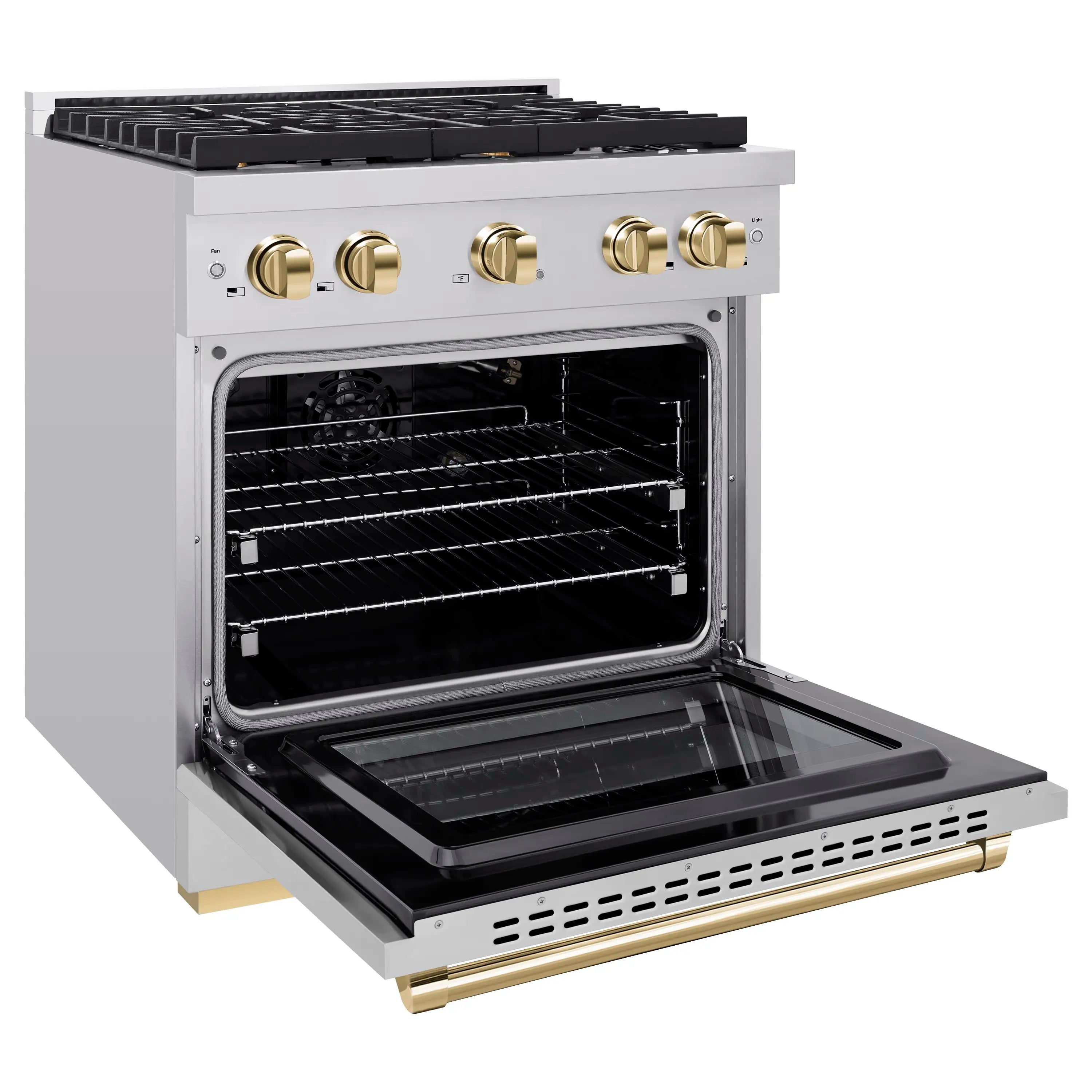Stainless steel gas range with open oven door and broiler drawer