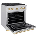 ZLINE Autograph Edition 4-Piece Appliance Package - 30-Inch Gas Range, Refrigerator with Water Dispenser, Wall Mounted Range Hood, & 24-Inch Tall Tub Dishwasher in Stainless Steel with Gold Trim (4AKPR-SGRRHDWM30-G)