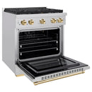 ZLINE 5-Piece Appliance Package - 30-Inch Paramount Autograph Gas Range, Wall Mount Range Hood, 36-Inch French Door Refrigerator, Dishwasher, and 30-Inch Microwave Drawer in Stainless Steel with Gold Accents