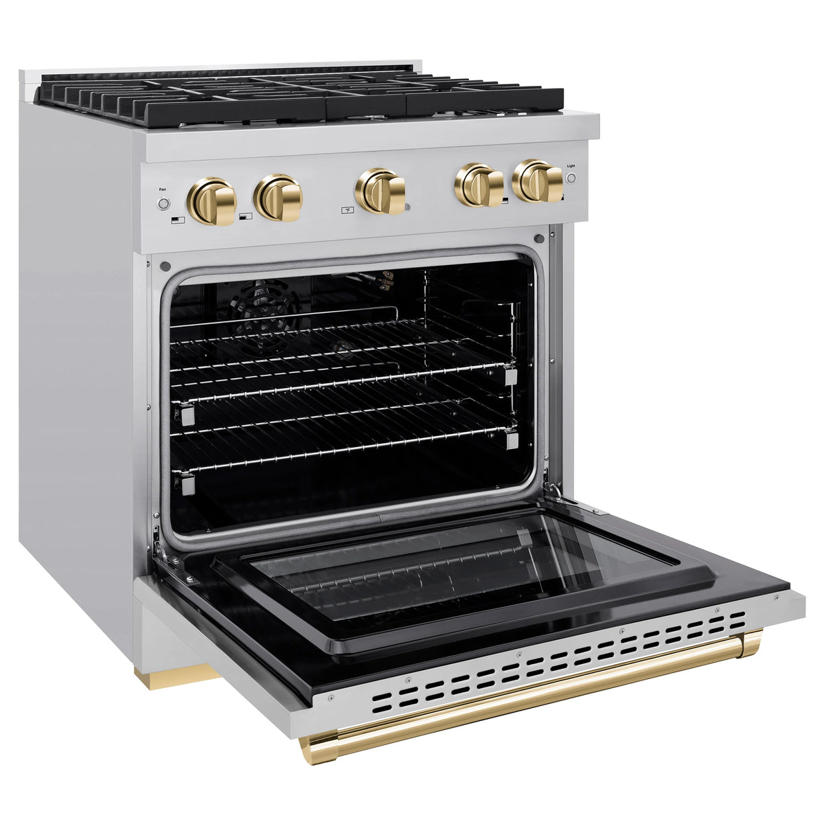 ZLINE stainless steel gas range with open oven and pull-out baking tray