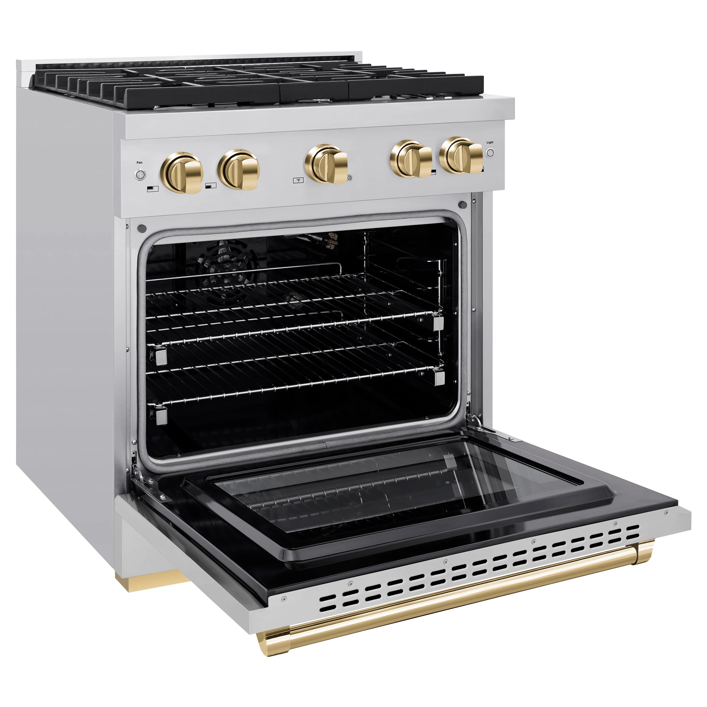 White gas range with open oven, black racks, and gold control knobs