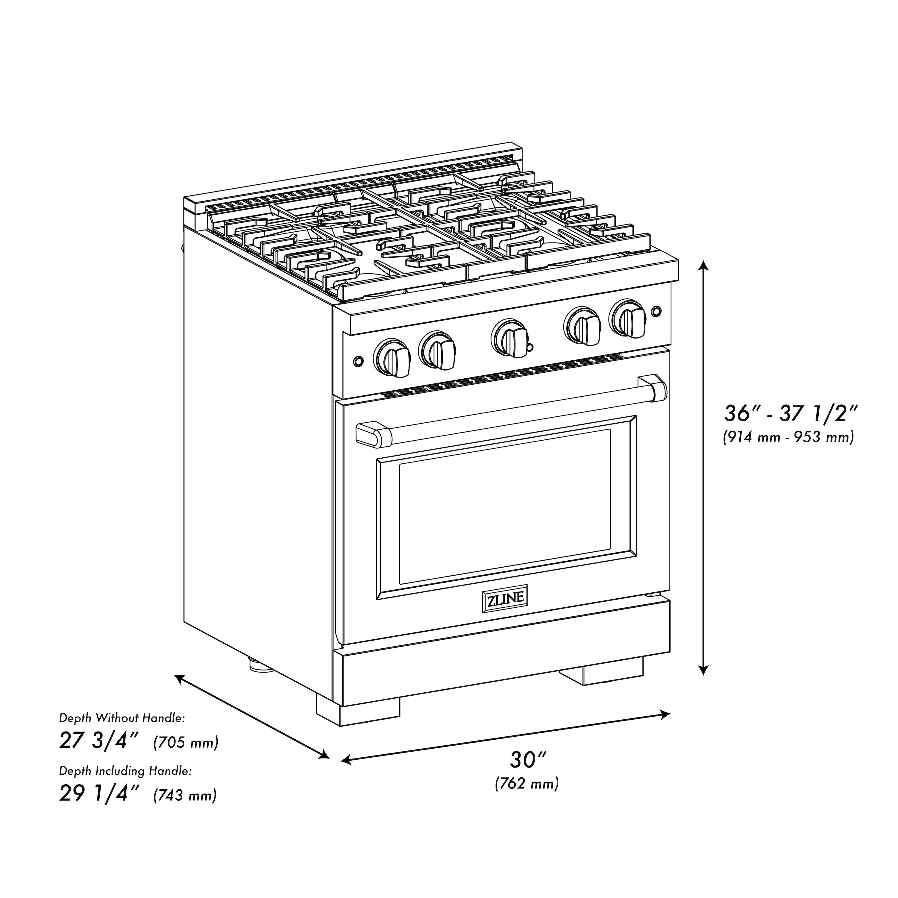 30-inch gas range with front oven door and top burners, with dimension diagram